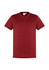 A maroon short sleeve tee shirt with a plain design and a tag inside. The shirt features a logo on the tag.