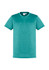 A teal short sleeve tee featuring a crew neckline and a subtle texture. It includes a branding logo.