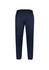 A pair of navy track pants with an elastic waistband and cuffs, featuring a logo.