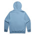 A blue hoodie with a hood, featuring a plain back design and long sleeves. It has a logo.