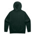 A dark green hoodie featuring a hood and long sleeves, with a plain back design. It has a logo on the back.