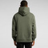 A green hoodie with a large hood, featuring a simple design and a relaxed fit, shown from the back.