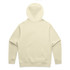 A beige hoodie with a large hood and long sleeves, featuring a plain back design and a small logo.