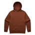 A brown hoodie with a front pocket and an attached hood, featuring a logo on the front.