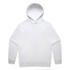 A white hoodie featuring a hood and a front pocket, with a logo on the front.