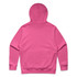 A pink hoodie featuring a hood and long sleeves, with a plain back and a subtle logo.