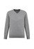 A grey knitted pullover featuring a V-neck design and ribbed cuffs. It has a small logo present.