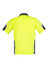 A short sleeve polo shirt in bright yellow with navy accents and reflective strips. It features a branding logo.