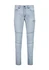 A pair of light blue stretch jeans with a slim fit and cargo pocket detail, featuring a waistband and stitching.