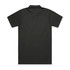 A black polo shirt featuring a collar and short sleeves, with a plain back and a logo.