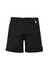 A pair of black men's shorts featuring a belt loop and a side pocket, with a logo detail.