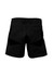 A pair of black men's shorts featuring a sleek design with two back pockets and a logo on the side.