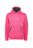 A bright pink unisex water-resistant hoodie featuring a front pocket and a logo on the sleeve.