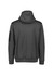 A unisex water-resistant hoodie in dark grey with a hood and an arm patch. It features a simple, minimalist design.