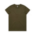 A plain olive green T-shirt featuring a logo on the neckline, displayed flat against a white background.