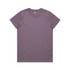 A purple T-shirt with a round neckline and short sleeves, featuring a logo on the tag.