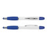 A multi-function pen with a white body and blue rubber grips, featuring a silver clip and accents.
