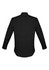 A black long sleeve button-up shirt with a smooth fabric and a logo on the back.