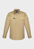 A beige long sleeve button-up shirt with two front pockets and a logo on the chest.