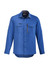 A blue long sleeve button-up shirt with two chest pockets and a logo, featuring a grey collar.
