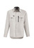 A light grey long sleeve button-up shirt featuring two front pockets and a zip pocket, with a logo on the chest.