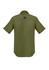 A short sleeve shirt in olive green, featuring a collar and a logo on the back.