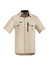 A short sleeve button-up shirt in beige with multiple pockets and a logo.