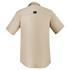 A short sleeve men's outdoor button-up shirt in a light beige colour, featuring a logo on the back.