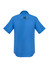 A blue men's outdoor short sleeve button-up shirt with a logo on the back.