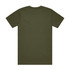 A plain olive green t-shirt featuring a simple back design and a logo on the fabric.