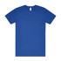 A blue t-shirt with short sleeves, featuring a simple design and a label inside the neck area.