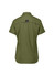A women's short sleeve shirt in olive green, featuring a logo on the back.