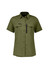 A short sleeve women's outdoor shirt in olive green with two front pockets and a logo.