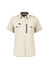 A light beige women's outdoor short sleeve shirt with button-up front and multiple pockets. It features a logo.