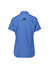 A women's outdoor short sleeve shirt in blue, featuring a back yoke and a brand logo.