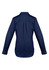 A women's long sleeve shirt in navy blue, featuring a structured design and a back pleat. It has brand logos.