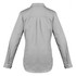 A grey women's lightweight long sleeve work shirt with a collar and buttoned cuffs. It features a logo on the back.