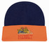 A navy and orange beanie featuring an illustration of construction equipment and a logo on the front.