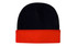 A black and red beanie featuring a fold-over cuff and a logo on the front.
