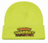 A luminescent yellow acrylic beanie with a folded cuff, featuring a logo on the front.
