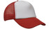A red and white truckers mesh cap featuring a solid front and mesh back, with a curved brim.