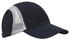 A black sports cap featuring a mesh panel and reflective trim, designed for headwear. Includes a logo.