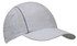 A white sports cap with mesh panels and reflective trim, featuring a curved brim and branding.
