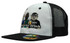 A premium twill cap featuring a white front, black mesh back, and a snapback closure, with an embroidered design.