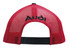 A red cap with a mesh back, featuring a logo. The adjustable strap is visible at the back.