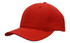 A red recycled breathable poly twill cap with a structured front and curved brim, featuring a logo on the side.