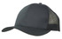 A black cap with a breathable poly twill front and a mesh back, featuring a logo on the front.