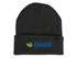 A dark green beanie with a fold-over cuff and a logo on the front.