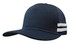 A deep fit navy trucker cap featuring a twill front and mesh sides with white stripes. Includes a logo on the front.