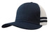 A navy twill and mesh trucker cap featuring striped details on the side and a structured fit.
